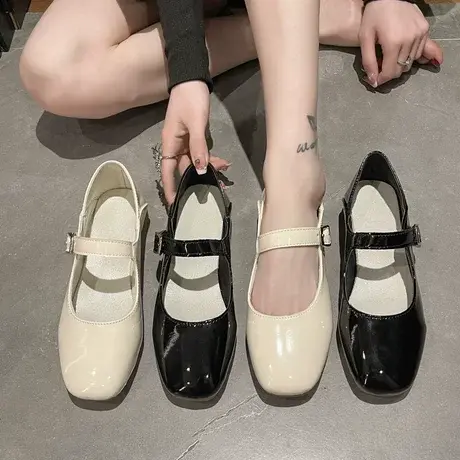 复古玛丽珍单鞋女夏季舒适软底浅口圆头低跟漆皮方扣一字带小皮鞋商品大图