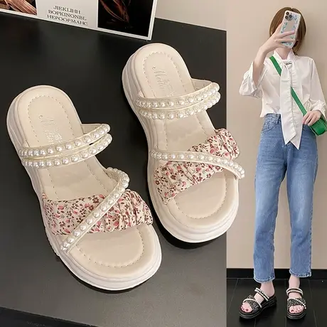 小碎花凉鞋女2023夏季仙女风厚底两穿凉拖鞋珍珠罗马外穿孕妇鞋子商品大图