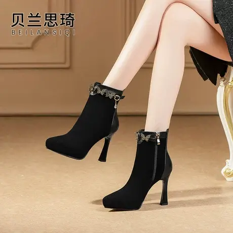 磨砂真皮水钻厚底尖头细跟短靴女2023秋冬季加绒防水台高跟靴子图片
