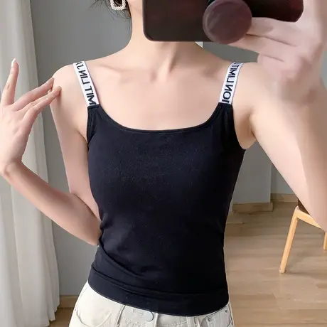针织带罩杯字母肩带显瘦背心女夏季气质内搭一体胸垫吊带黑色上衣商品大图