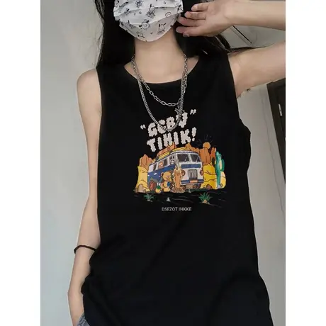 美式复古纯棉吊带运动坎肩背心无袖t恤女夏季外穿宽松篮球服上衣商品大图