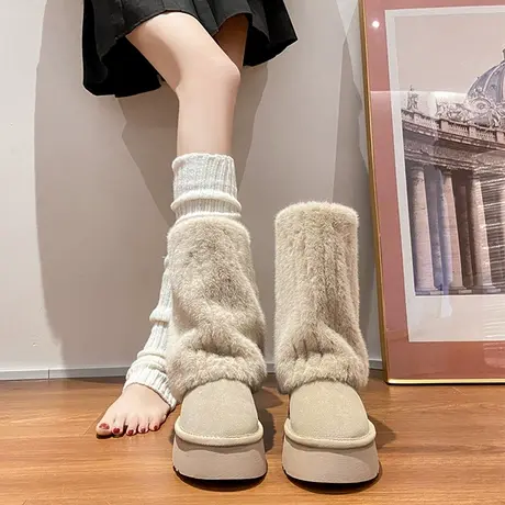 毛毛厚底雪地靴女款2023新款冬季加绒女鞋中筒防滑加厚东北棉鞋子图片