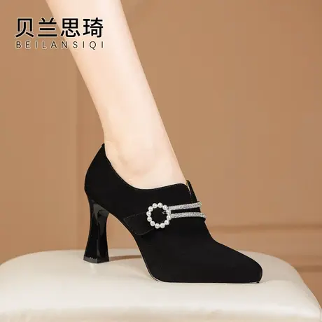 磨砂真皮水钻深口粗跟单鞋女2024春秋季新款舒适百搭防水台高跟鞋图片