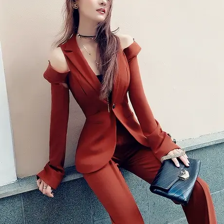 VJE春装新款职业装女裤套装性感露肩显瘦气质小西装外套直筒长裤图片