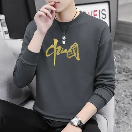 2023新款卫衣男潮ins圆领秋季上衣中国潮流加绒套头无帽长袖t恤男商品大图