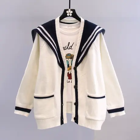 撞色海军领毛衣外套女秋冬2023年新款宽松学院风洋气减龄针织开衫图片