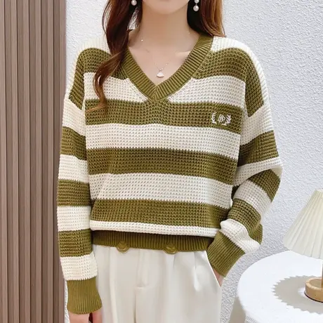 撞色条纹V领长袖针织衫毛衣女2023秋冬新款宽松休闲百搭上衣洋气图片