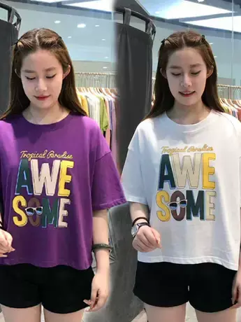 2023夏季新款时尚气质圆领T恤韩版百搭印花字母休闲简约短袖上衣商品大图