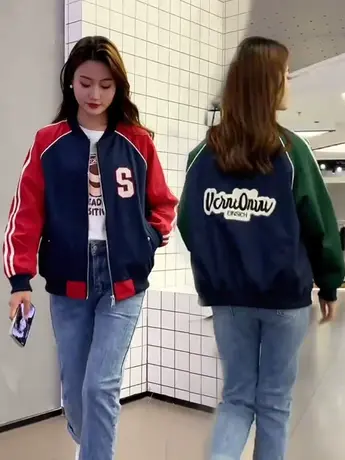 欧货2023新款美式夹克衫字母印花棒球服外套女街头风休闲宽松上衣商品大图