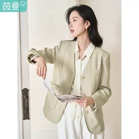 茵曼2023春秋女装新款高级感温柔宽肩宽松舒适肌理感V领西装外套图片