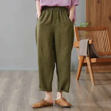 dza 高腰显瘦亚麻休闲裤女2023夏季薄款直筒阔腿裤宽松棉麻哈伦裤商品大图