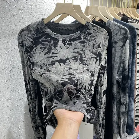 欧货扎染花朵长袖T恤女早秋设计感抽绳独特别致不规则打底衫上衣商品大图