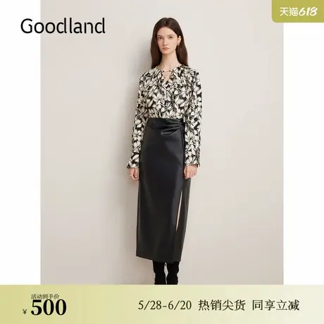 Goodland美地秋季纯棉碎花衬衫镂空小V领印花上衣商品大图