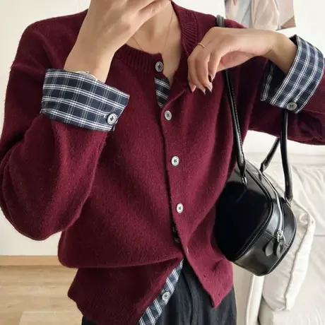 25279-小荣秋冬纯色拼接袖开衫外套厚款衬衫袖女上衣百搭简约通勤商品大图