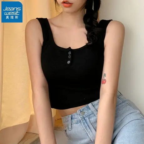 KHV真维斯黑色背心女内搭2025新款夏短款打底衫吊带纽扣无袖上衣图片