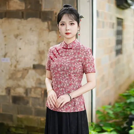筠雅夏季新款复古改良中式唐装中国风年轻款斜襟短袖上衣女25J220商品大图