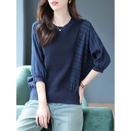 宝诗黎圆领七分蝙蝠袖针织条纹拼接衬衣2023早秋新款小众宽松上衣商品大图