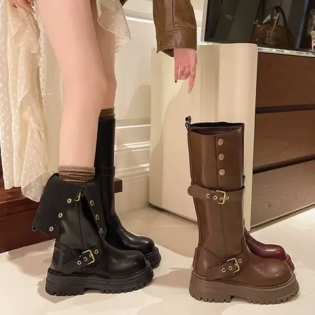 英伦风高级马丁靴女鞋2024春秋新款厚底高筒长靴不过膝显瘦骑士靴图片