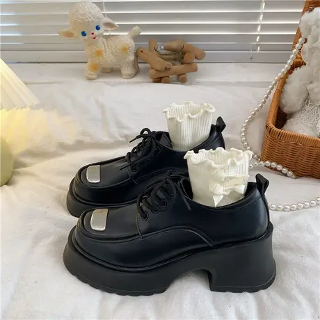 英伦风小皮鞋女粗跟2023春季新款黑色春秋百搭厚底增高玛丽珍鞋子商品大图
