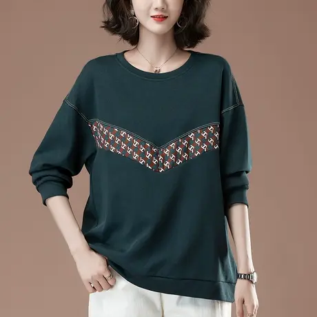 妈妈春秋新款卫衣女加肥加大码女装宽松百搭拼接圆领打底衫女上衣商品大图