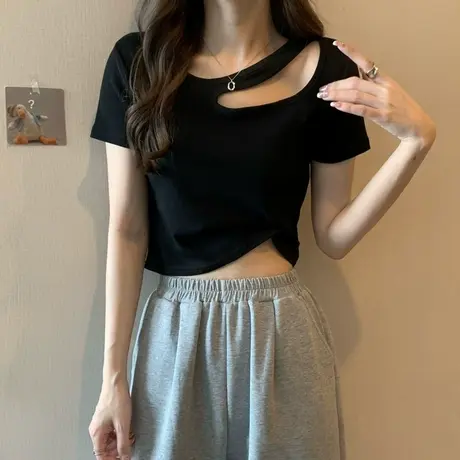 夏季款修身显瘦设计感小众不规则T恤女短袖欧货小衫短款别致上衣商品大图