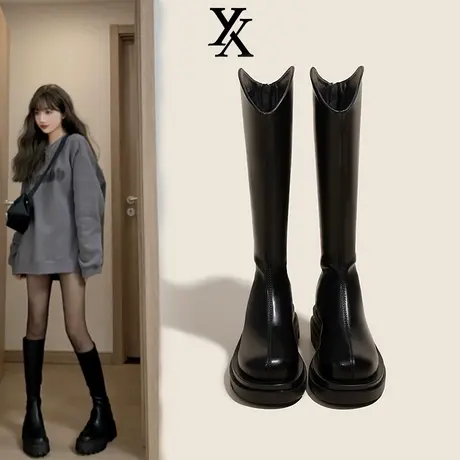 马丁靴女2022新款秋冬长筒靴厚底高筒骑士靴秋季不过膝小个子长靴图片