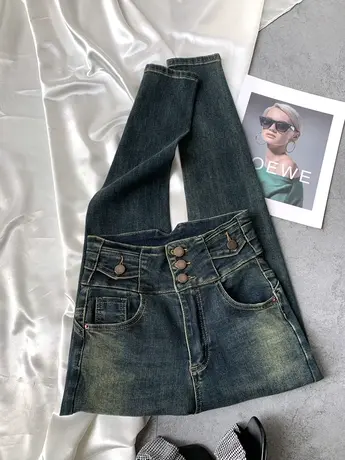 磨白复古排扣牛仔铅笔裤女2023秋季新款高腰显瘦弹力包臀小脚长裤图片