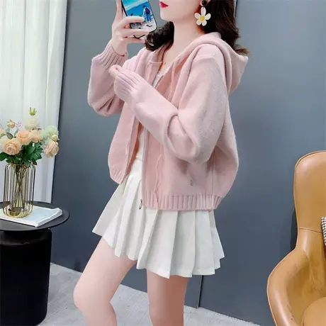 小个子短款纯色连帽开衫毛衣女春秋2024新款宽松百搭软糯针织外套商品大图