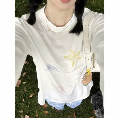慵懒风轻薄微透海星印花防晒长袖t恤女夏季宽松休闲罩衫白色上衣图片