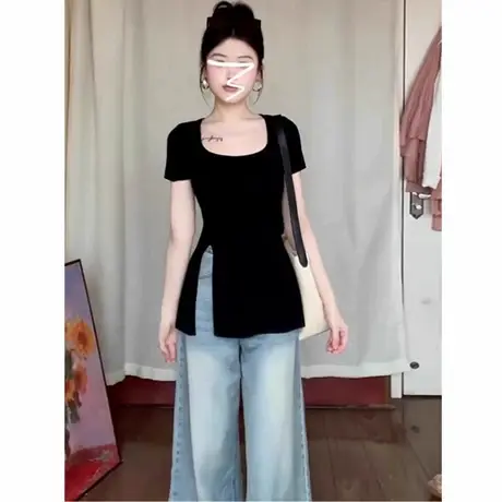 u领短袖t恤女2025新款夏季设计感小众独特超好看修身显瘦开叉上衣商品大图