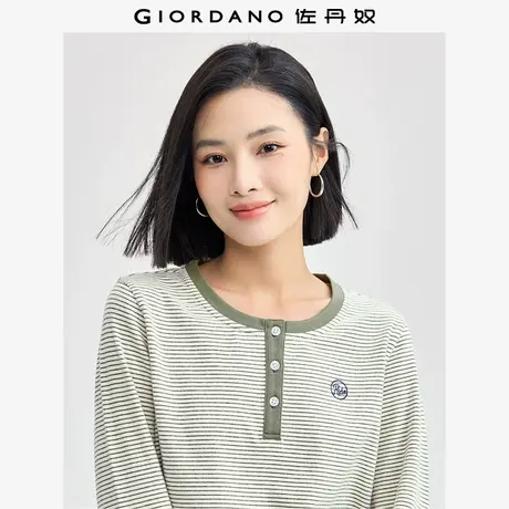 佐丹奴T恤女装条纹刺绣撞色亨利领针织长袖T恤 13324704图片