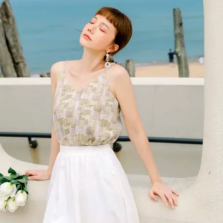 桔熊夏季通勤几何印花性感吊带V领背心无袖上衣女大码AB15509商品大图