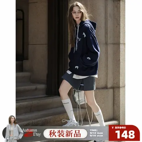 唐狮2025连帽卫衣女卡通印花藏青色蝴蝶结少女可爱风时尚百搭好看商品大图