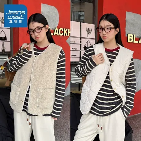KMV真维斯圆领马甲女2025新款冬小个子加绒外穿防风棉服坎肩外套商品大图