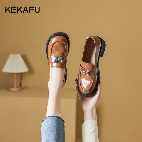 珂卡芙日系小皮鞋2023秋季新款英伦风厚底漆皮乐福鞋粗跟单鞋女款图片