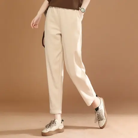 新品8.5折】松紧高腰加绒休闲裤女直筒哈伦宽松奶奶裤子图片