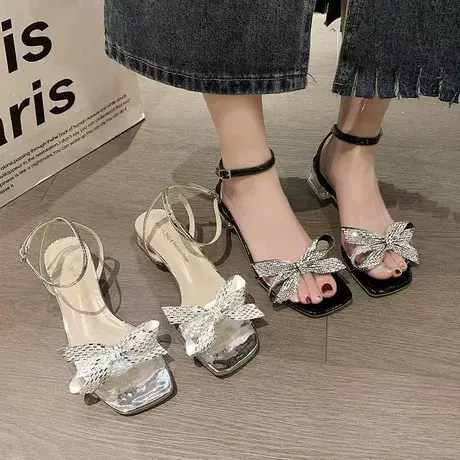 凉鞋女外穿2023夏一字带蝴蝶结水晶跟超仙法式高跟鞋配裙子ins潮商品大图