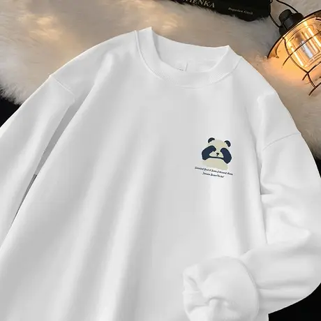 450g重磅白色卫衣男秋冬款小熊无帽长袖t恤摇粒绒保暖圆领上衣服商品大图