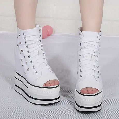 厚底坡跟凉鞋女夏季鱼嘴松糕鞋高帮凉靴小个子13厘米内增高帆布鞋商品大图