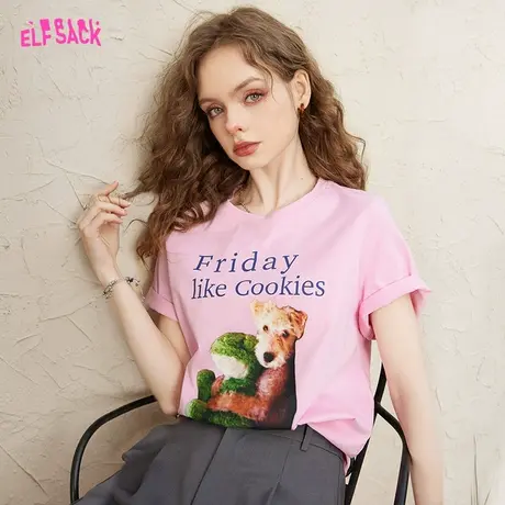 妖精的口袋印花粉色正肩短袖t恤女2023夏季新款小个子显瘦上衣潮图片