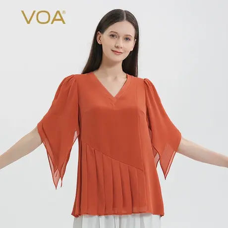 VOA30姆米重磅桑蚕丝V领拼接乔其丝绸活页设计双层短袖真丝T恤图片