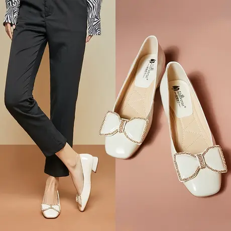 夏季新款套脚蝴蝶结浅口漆皮妈妈鞋白色黑色方头平底真皮单鞋商品大图