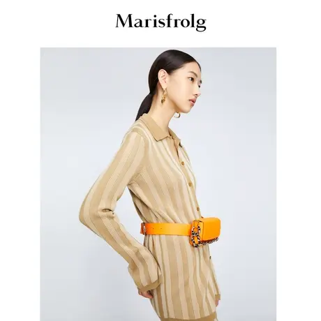 【坑条羊毛针织衫】玛丝菲尔新款POLO领卡其色条纹羊毛针织开衫商品大图