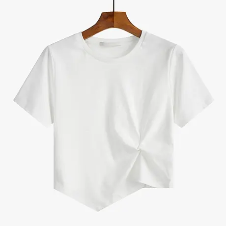 圆领短袖t恤女宽松春夏季2023年新款设计感小众高腰短款上衣体恤图片