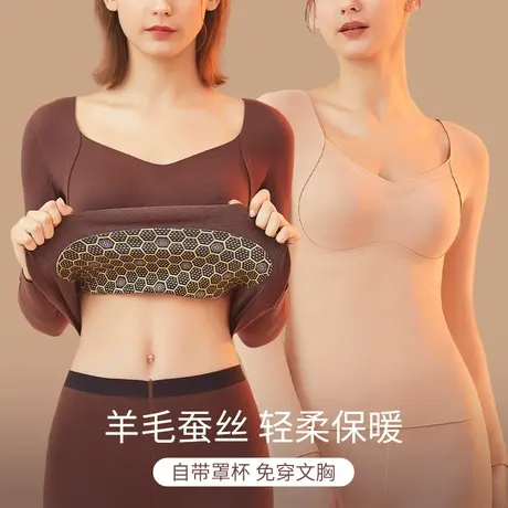 保暖内衣女带胸垫一体内穿低领羊毛蚕丝秋衣V领打底上衣抗菌美肤商品大图