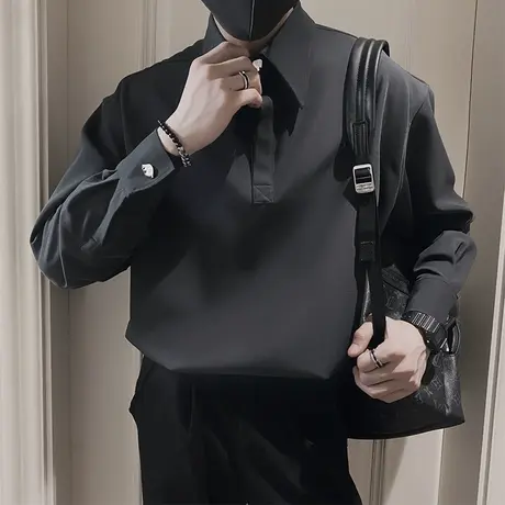 春秋季套头痞帅POLO衬衫长袖打底宽松纯色衬衣发型师韩版ins上衣商品大图