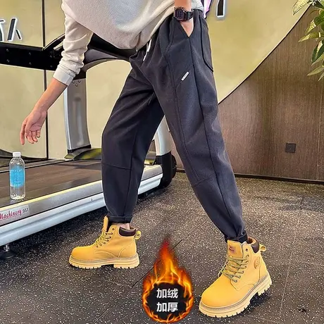秋冬潮牌纯色男裤运动宽松灯芯绒束脚休闲裤加绒保暖哈伦卫裤百搭图片