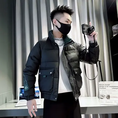 棉服男冬款个性条纹拼接短款棉衣外套重磅加厚拼色立领工装棉袄商品大图
