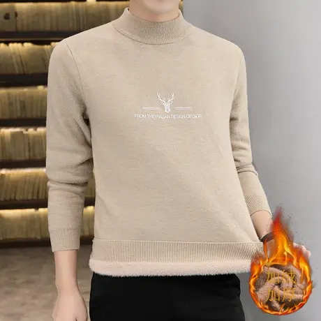 男士半高领毛衣冬季新款青年一体绒加厚纯色长袖针织衫加绒线衣潮商品大图