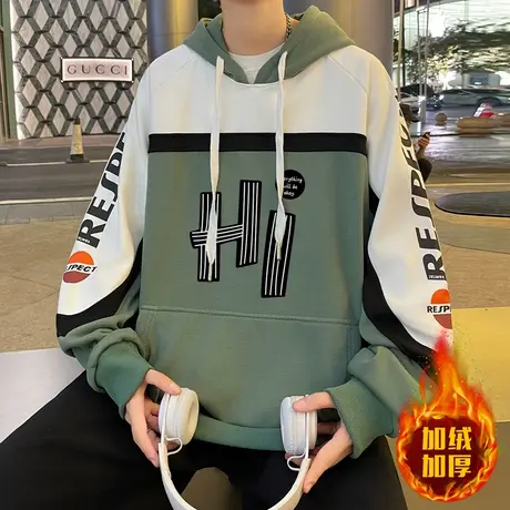加绒加厚卫衣男秋冬款连帽外套男字母印花学生撞色拼接保暖套头衫商品大图